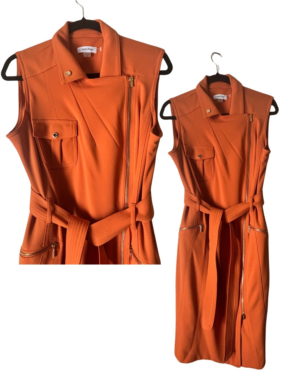 Calvin Klein Burnt Orange Sleeveless Asymmetric Zip Moto Trench Dress
